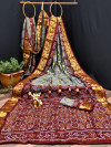 Gray and maroon color soft bandhani silk  saree with khadi printed work