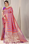 Red and royal blue color kanchipuram silk saree with zari woven work