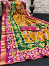 Yellow and pink color cotton saree with patola printed work