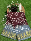 Maroon and gray color soft bandhani saree with hand bandhej print