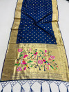 Navy blue color paithani silk saree with gold zari border