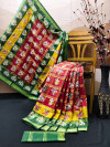 Red and green color soft cotton saree with patola printed work