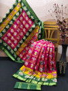 Pink and green color soft cotton saree with patola printed work