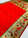 Red color paithani silk saree with mina zari border