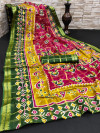 Pink and green color cotton saree with patola printed work