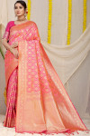 Peach color kanchipuram silk saree with golden zari weaving work