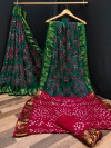 Green and red color rich bandhani silk saree with jacquard weaving work