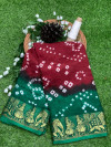 Red and green color soft bandhani saree with hand bandhej print