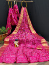 Pink color soft bandhani silk  saree with khadi printed work