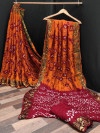 Orange and pink color rich bandhani silk saree with jacquard weaving work