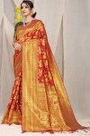 Red color banarasi silk saree with golden zari weaving work
