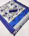 White and blue soft cotton saree with digital printed work