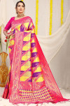 Yellow and purple color banarasi silk sare with zari weaving work