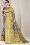 Gray color banarasi silk saree with golden zari weaving work