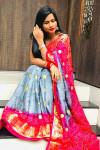 Gray and pink color bandhani silk saree with khadi printed work