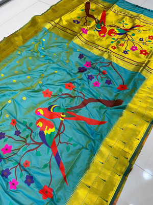 Green color paithani silk saree with gold zari weaving work