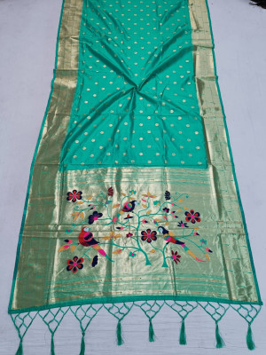 Sea green color paithani silk saree with gold zari border