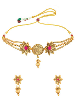 Golden Metal Based Festive Necklace And Earrings Set