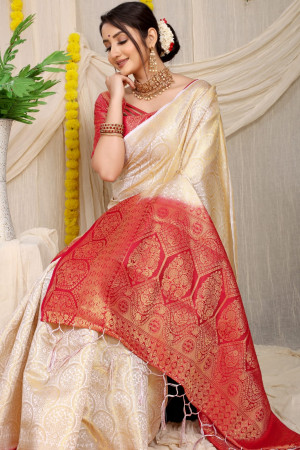 Off white color kora muslin silk saree with zari woven work
