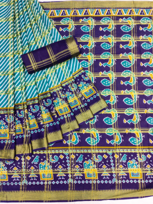 Navy blue and sky blue color soft cotton saree with patola printed work