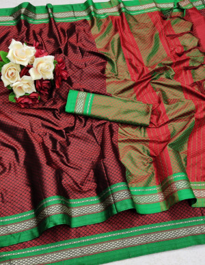 Maroon color cotton silk saree with zari woven work