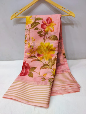 Peach color linen cotton saree with printed work