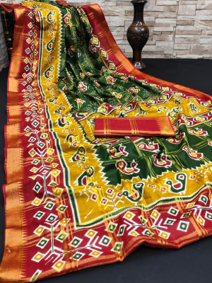 Green and red color cotton saree with patola printed work