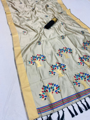 Beige color soft raw silk saree with woven design