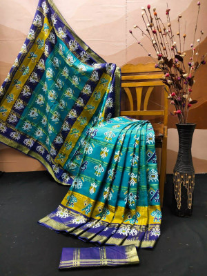 Firoji and blue color soft cotton saree with patola printed work