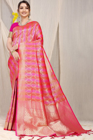 Rani pink color kanchipuram silk saree with zari woven work