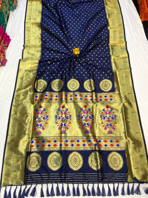 Navy blue color paithani silk saree with gold zari weaving border