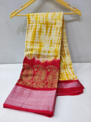 Yellow color linen cotton saree with printed work