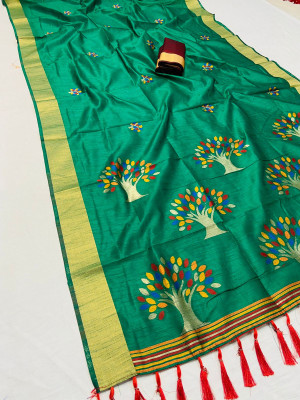 Green color soft raw silk saree with woven design