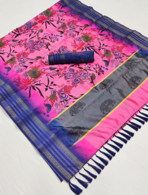 Pink and blue color soft cotton saree with digital printed work