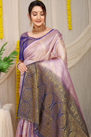 Lavender color kora muslin silk saree with zari weaving work