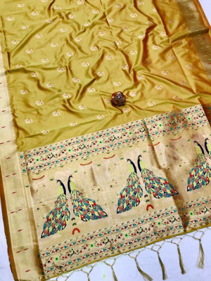Mehndi green color paithani silk saree with gold zari weaving work