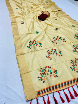 Light yellow color soft raw silk saree with woven design