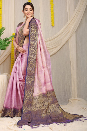 Lavender color fancy silk saree with golden zari weaving work