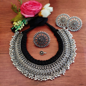 Black Ghungroo Thread Choker set with big size Earrings - Ring and Nosepin