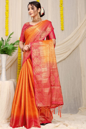 Orange color kora muslin silk saree with zari weaving work