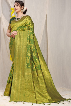 Mahendi green color banarasi silk saree with golden zari weaving work