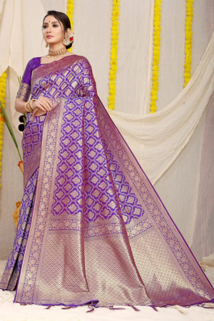 Purple color kanchipuram silk saree with golden zari weaving work