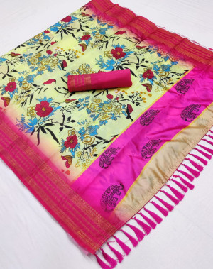 Light yellow and pink soft cotton saree with digital printed work