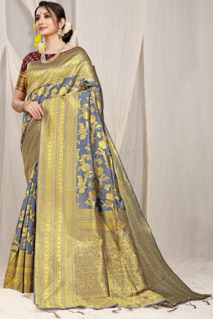 Gray color banarasi silk saree with golden zari weaving work