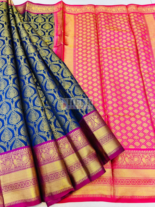 Ink Blue Kanchivaram Silk Saree with Zari Buttas & Contrast Pallu