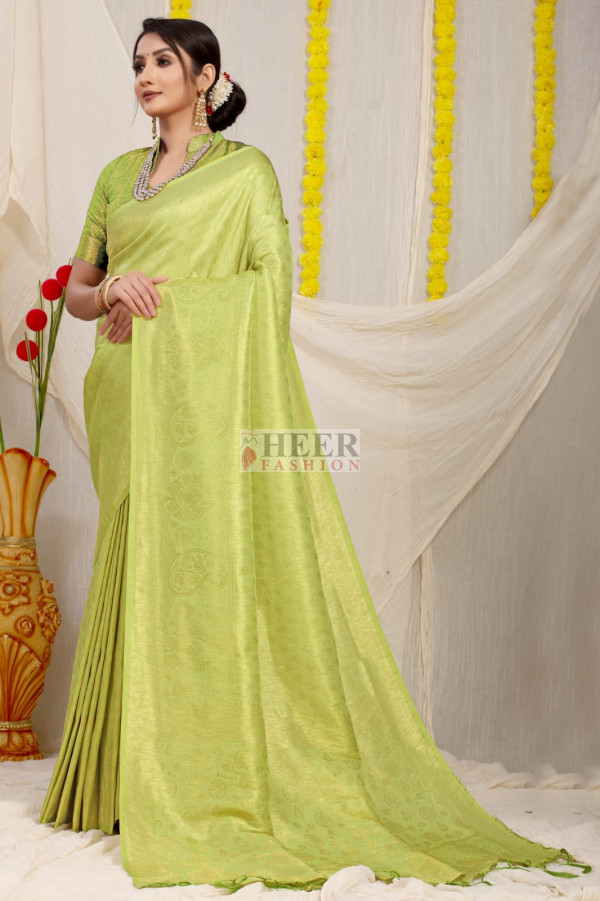 Parrot green color soft fancy silk saree with golden zari weaving work