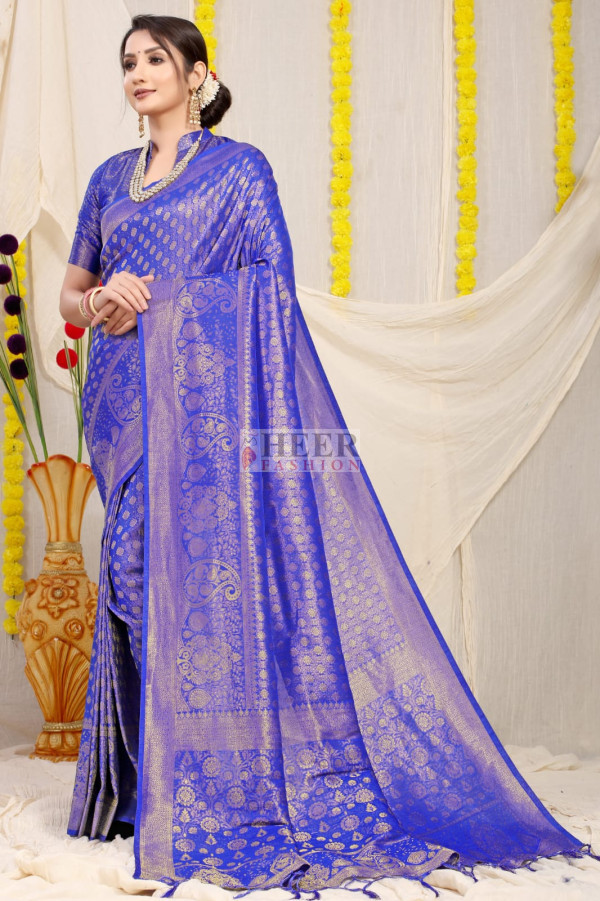 Semi Soft Silk Gold Zari Saree - Royal Blue