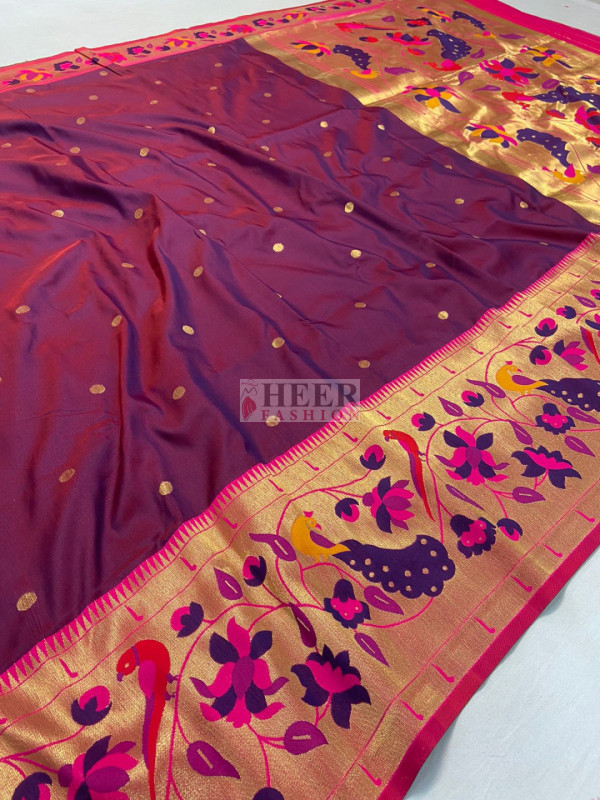Magenta Paithani Silk Handloom Saree with Meenakari Peacock Motifs