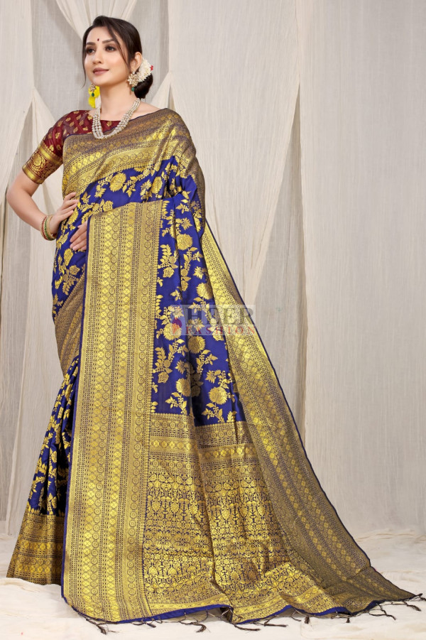Navy Blue Banarasi Organza Silver Zari Work Floral Design Embroidery Saree