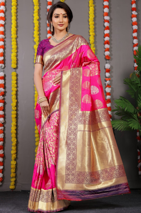 Rani Pink Handloom Tissue Silk Saree With Green Blouse | Kolour